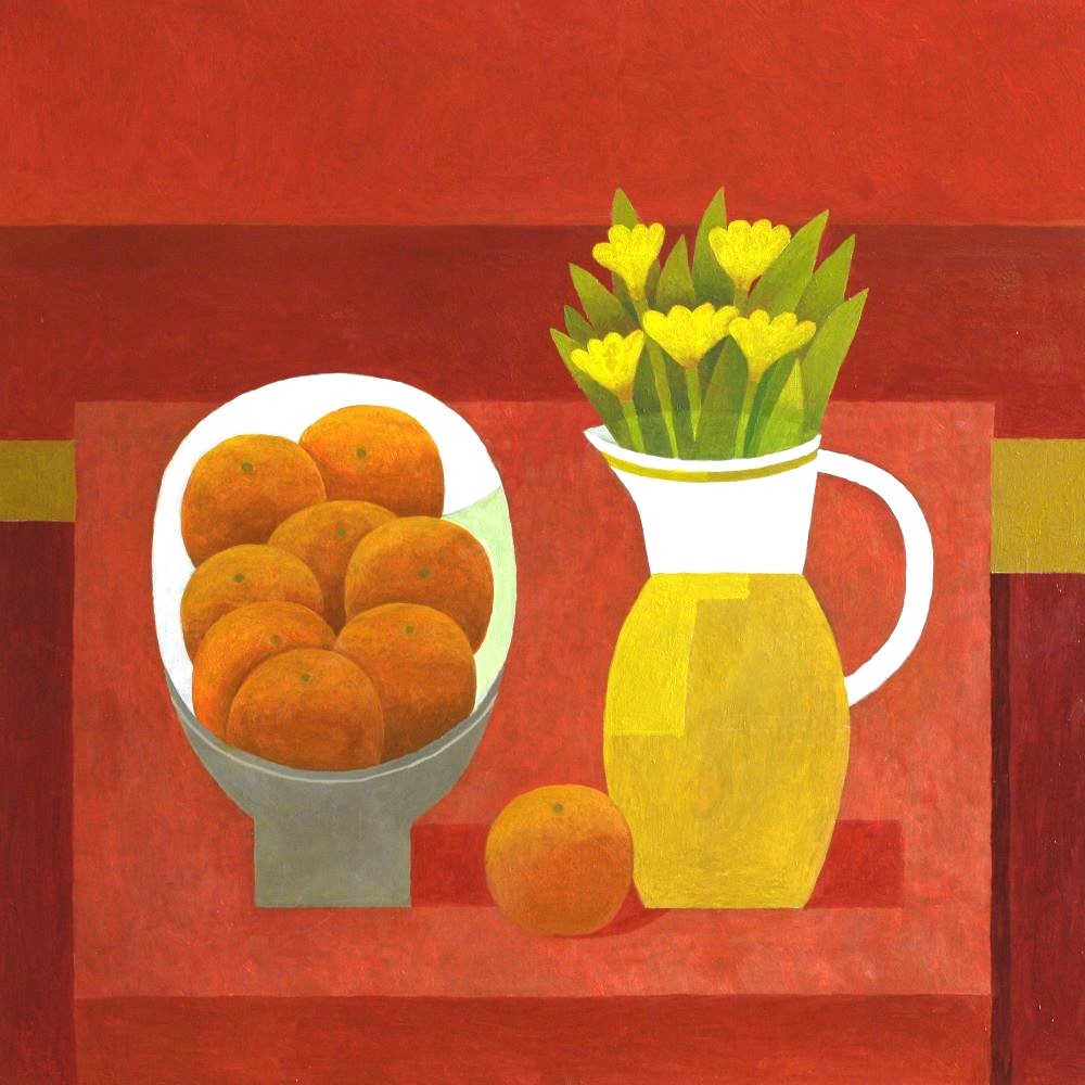 red orange still life painting english british contemporary modern reg cartwright 2025