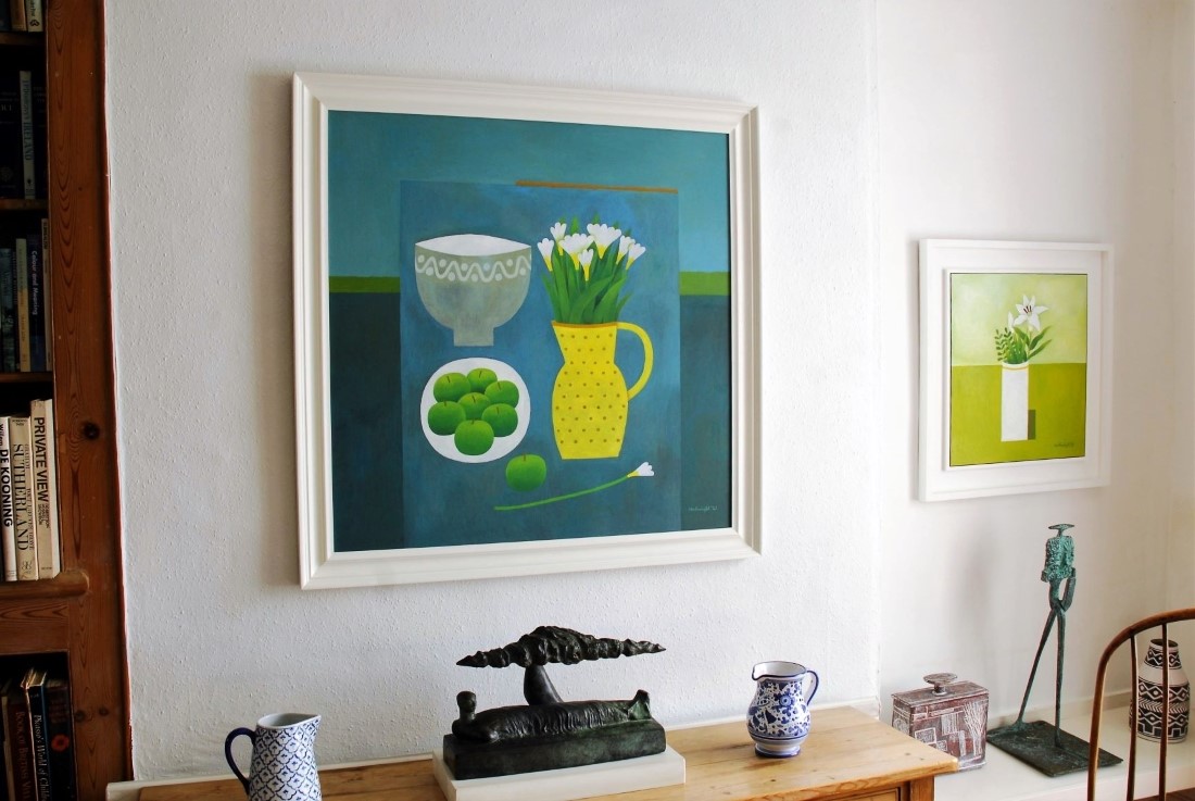 blue still life painting in room with sculptures reg cartwright 2025 artist painter contemporary